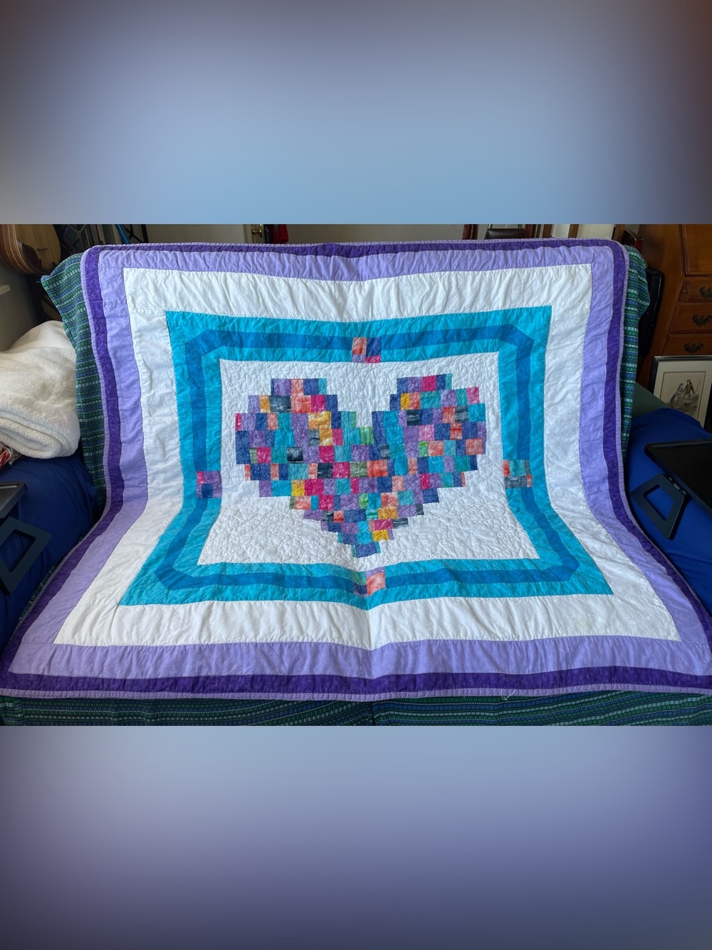 Handmade Multicolor Heart Patchwork Quilt - Purple & Teal Accent- 55” x 46”